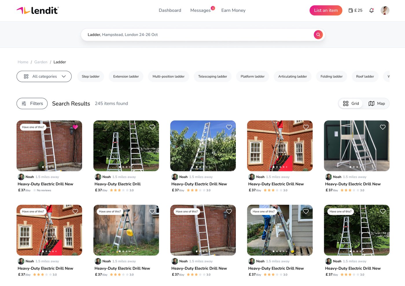 Lendit web app search results, ladders available to rent near Hampstead, London