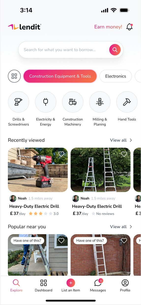 Lendit mobile app explore screen, browse tools to borrow near you